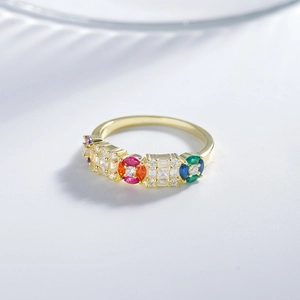 Colorful gemstone gold ring for women with vibrant multi-colored inlaid crystals