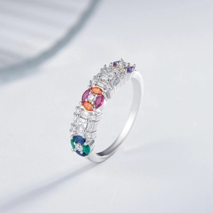 Chic 925 silver ring featuring vibrant multi-colored gemstones and baguette cut cubic zirconia