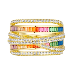 Gold multi-layer intertwined ring with round white diamonds and rainbow baguette gemstones