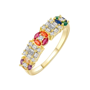 Elegant gold ring with multi-colored gemstones in claw setting on white background