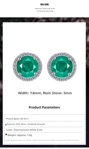Detailed spec view of S925 silver stud earrings with 5mm synthetic emerald stone