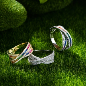 Three-piece 925 silver crossover rings with colorful rainbow pavé set zircons