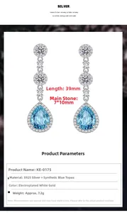 Detail view of 39mm teardrop blue topaz earrings in S925 sterling silver with dimensions