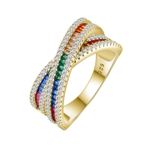 Crossed 925 silver ring with multi-color baguette gemstones and pavé zirconia detail
