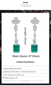Detail specifications of 8x10mm emerald-cut silver drop earrings with size chart