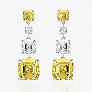 Boucles d'Oreilles Pendantes en Argent Sterling 925 avec Strass Jaunes Taille Asscher pour Femme Longues Bijoux Géométriques