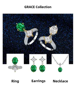 Detail of S925 sterling silver jewelry set featuring oval emerald cut green gemstones