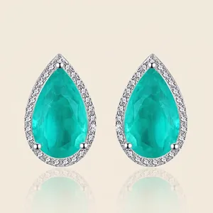 925 Sterling Silver Pear Cut Synthetic Emerald Halo Stud Earrings For Women Luxurious Green Gemstone Jewelry