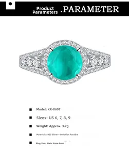 Detailed chart showing 8mm round Paraiba gemstone ring weight 3.7g and S925 silver specs