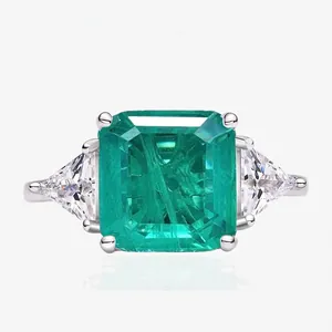 Luxury 925 Sterling Silver Emerald Cut Green Gemstone Ring For Women Three Stone Rhinestone Inlaid Engagement Wedding Jewelry