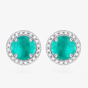 925 Sterling Silver Paraiba Color Round Stud Earrings Luxury Halo Rhinestone Inlaid Jewelry For Women Fashion Ear Studs