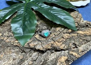 Detailed shot of heart-shaped blue gemstone ring with braided silver band on tree bark