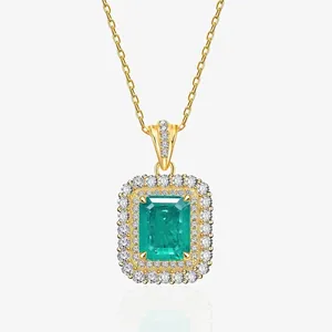 925 Sterling Silver Synthetic Emerald Pendant Necklace For Women Double Row Rhinestone Rectangle Inlaid Gold Plated Jewelry