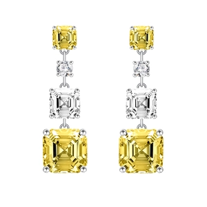 Longues boucles d'oreilles en argent avec cristaux Asscher jaunes et diamants blancs