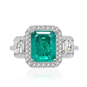Vintage 925 Sterling Silver Emerald Cut Green Rhinestone Ring For Women Luxurious Halo Engagement Wedding Party Jewelry
