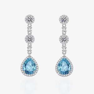 925 Sterling Silver Teardrop Dangle Earrings For Women Blue Rhinestone Inlaid Elegant Wedding Party High Quality Fashion Jewelry