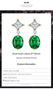 Macro view of S925 silver oval emerald earrings with 8x10mm gemstone specifications