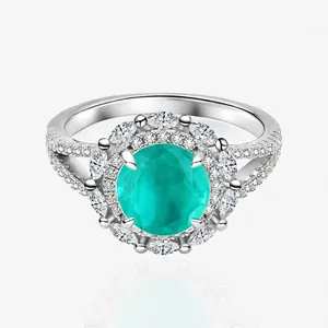 Luxury 925 Sterling Silver Synthetic Paraiba Ring For Women Round Halo Inlaid Rhinestone Jewelry For Wedding Party Gift