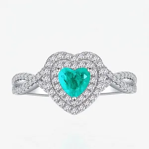 925 Sterling Silver Heart Synthetic Paraiba Gemstone Ring For Women Luxury Double Halo Twisted Band Rhinestone Inlaid Jewelry