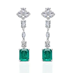 Elegant 925 Sterling Silver Emerald Cut Green Rhinestone Drop Earrings For Women Fashion Jewelry Wedding Party Accessory