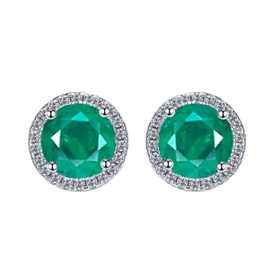 Classic silver halo stud earrings with 5mm round emerald green stone and pavé diamonds