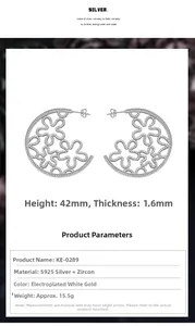 Detailed S925 silver earring specs: 42mm height, hollow flower design with pavé zircons