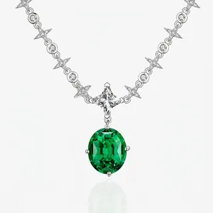Elegant 925 Sterling Silver Simulated Emerald Pendant Necklace For Women Star Chain Oval Rhinestone Inlaid Fashion Jewelry