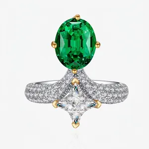 Elegant 925 Sterling Silver Oval Simulated Emerald Ring For Women Two-Tone Gold Plated Rhinestone Pavé Jewelry Gift