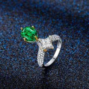 Toi et Moi oval emerald and square zircon ring in S925 sterling silver with gold finish