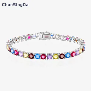 Bracciale Tennis in Argento Sterling 925 con Strass Multicolore Incastonatura a Quattro Griffe per Donna Matrimonio Festa Gioielli