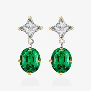 Vintage 925 Sterling Silver Oval Emerald Green Stone Stud Earrings Star Rhinestone Inlaid Elegant Women Jewelry Gift