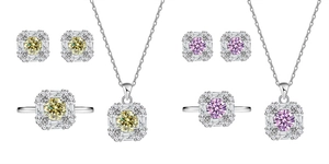Luxuriöses Schmuckset mit champagnerfarbenen und rosa Steinen in 925er Sterlingsilber