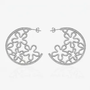 925 Sterling Silver Micro Pave Rhinestone Hollow Flower Hoop Earrings For Women Overstated Large C Shape Hoop Earring