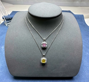 Details von 925 Silber Halo Halsketten mit eckigen rosa und gelben 7mm Zirkonia Steinen
