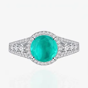 Elegant 925 Sterling Silver Round Paraiba Simulated Gemstone Ring Rhinestone Inlaid Fashion Jewelry For Women Wedding Jewelry