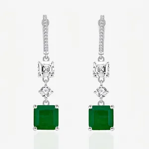 S925 Sterling Silver Simulated Emerald Drop Earrings Vintage Geometric Rhinestone Dangle Earrings For Women Party Jewelry