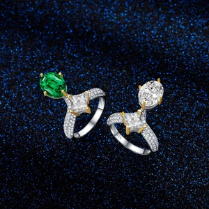 Elegant S925 silver rings with emerald cut green zircon and white stones on starry background