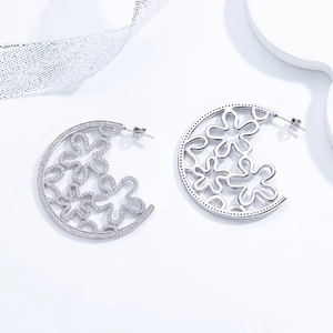 Exaggerated S925 sterling silver C-shaped hoop earrings with hollow floral pavé zircons