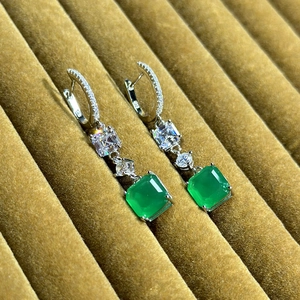 Square-cut emerald drop earrings in S925 silver with sparkling zircon accents on velvet