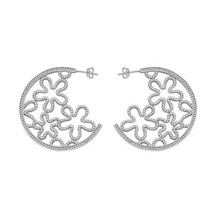 Exquisite hollow floral micro-pave hoop earrings with silver white diamond finish