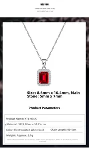 Detailed specifications of S925 silver necklace with rectangular red zirconia pendant