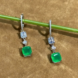 Square emerald-cut green gemstone drop earrings in S925 sterling silver settings