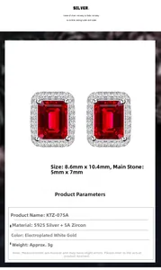 Macro view of S925 silver stud earrings featuring rectangular red zircon with dimensions