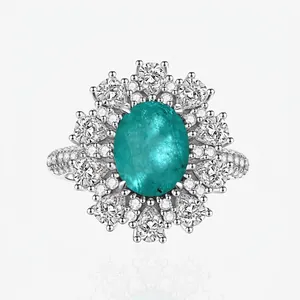 Luxury 925 Sterling Silver Synthetic Paraiba Tourmaline Oval Gemstone Ring For Women Elegant Rhinestone Inlaid Flower Cluster Cocktail Ring