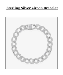 Macro detail of sterling silver cuban link bracelet with brilliant zircon micro-paving