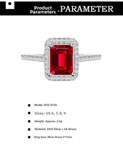 Detailed view of emerald-cut ruby ring in S925 silver with cubic zirconia halo