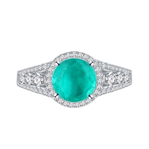 8mm round faux paraiba blue-green gemstone ring in sterling silver with halo setting