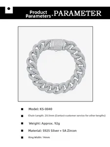Vista dettagliata del bracciale a catena cubana in argento S925 con zirconi da 14 mm