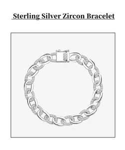 Macro view of sterling silver Cuban chain bracelet with micro-pave zircon and box clasp