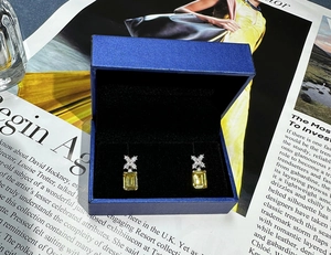 Dettaglio di orecchini gialli taglio smeraldo in argento in una scatola regalo di velluto